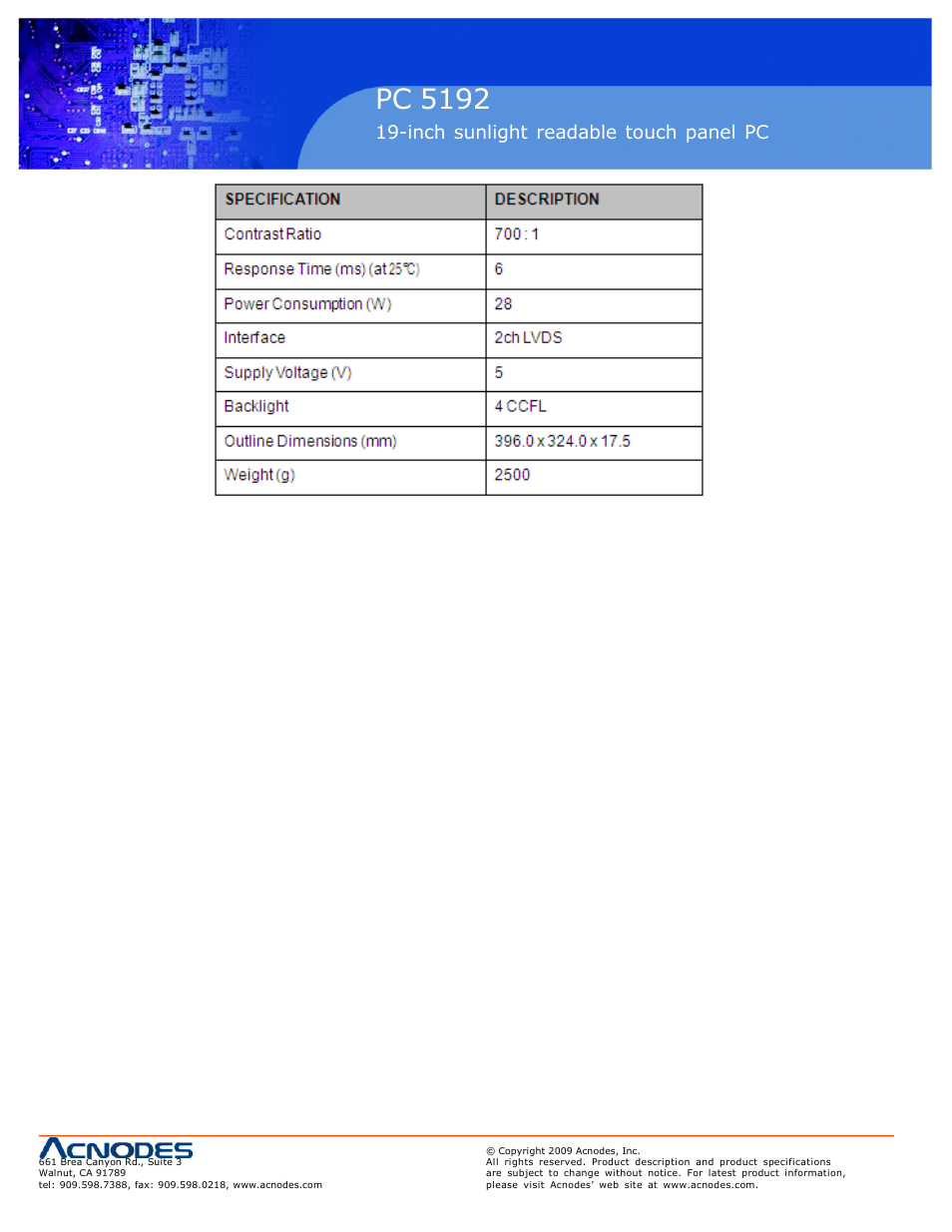 Pc 5150, Pc 5192, Inch touch panel pc | Inch sunlight readable touch panel pc | Acnodes PC 5192 User Manual | Page 16 / 104