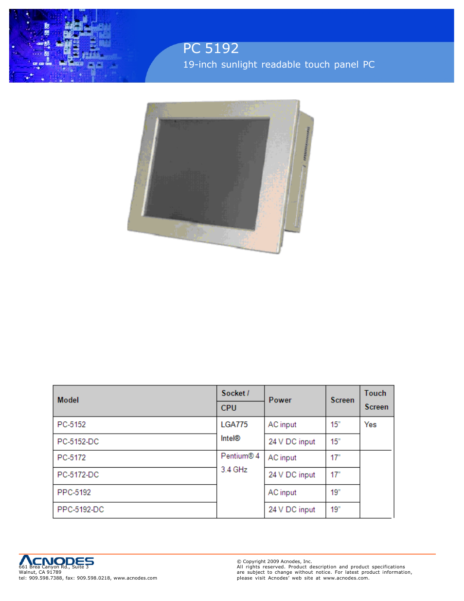 Pc 5150, Pc 5192, Inch touch panel pc | Inch sunlight readable touch panel pc | Acnodes PC 5192 User Manual | Page 4 / 104