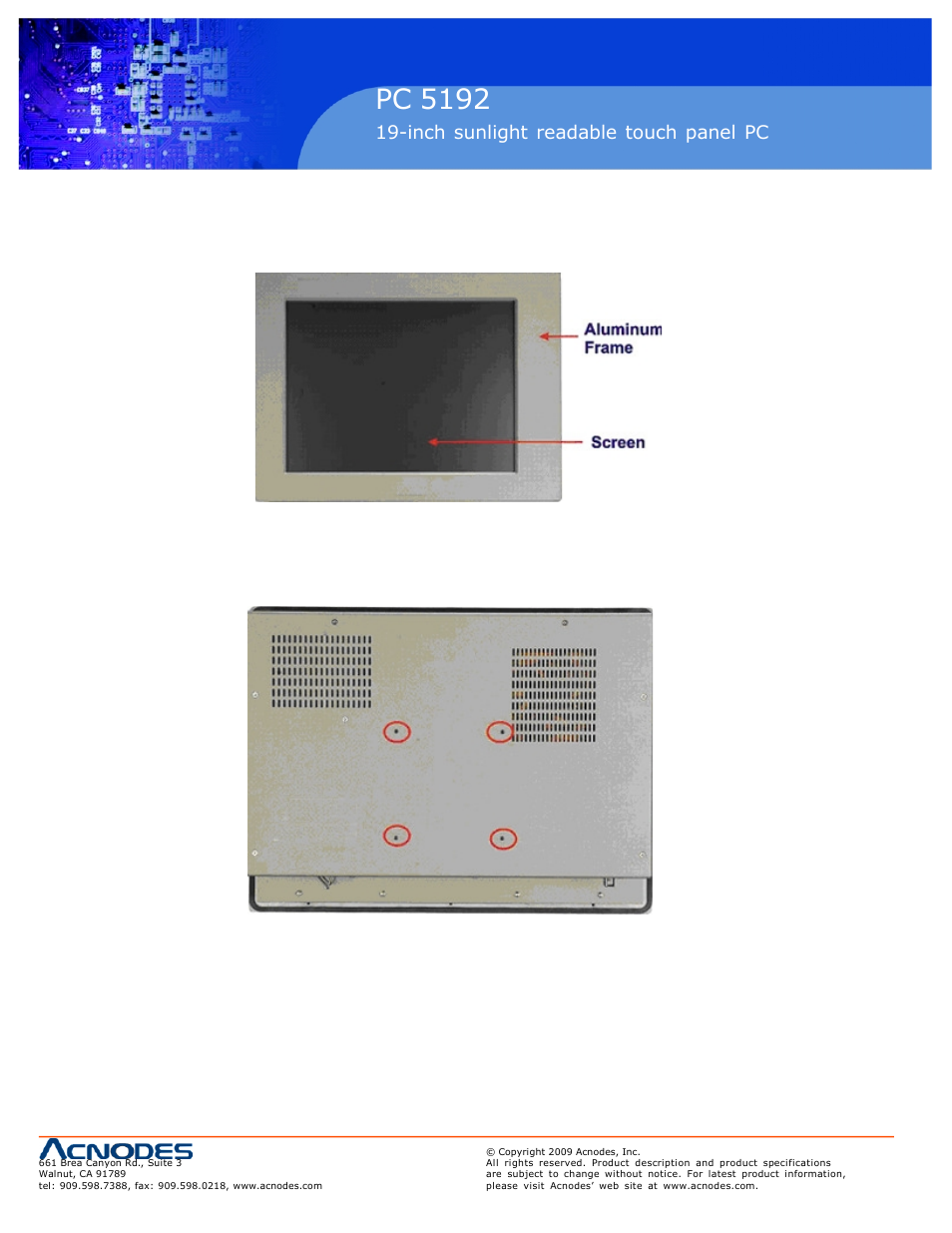 Pc 5150, Pc 5192, Inch touch panel pc | Inch sunlight readable touch panel pc | Acnodes PC 5192 User Manual | Page 6 / 104