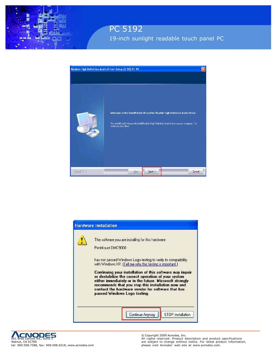 Pc 5150, Pc 5192, Inch touch panel pc | Inch sunlight readable touch panel pc | Acnodes PC 5192 User Manual | Page 94 / 104