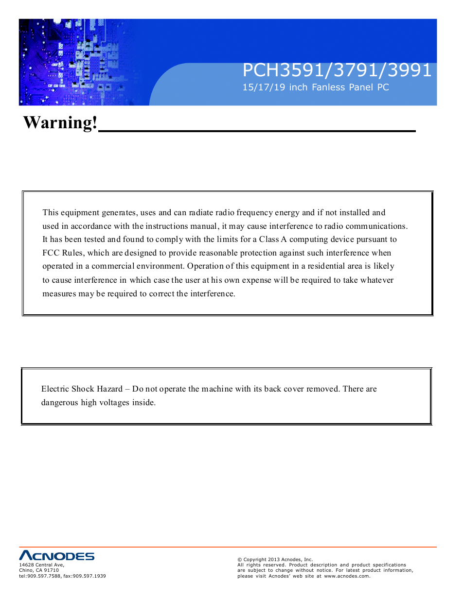 Warning | Acnodes PCH 3591 User Manual | Page 2 / 77