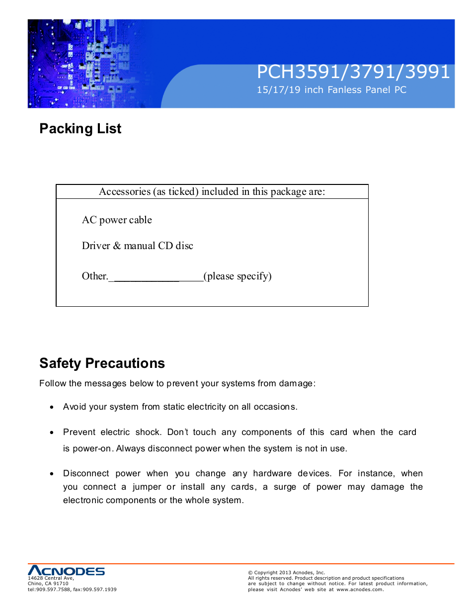 Packing list, Safety precautions | Acnodes PCH 3591 User Manual | Page 3 / 77