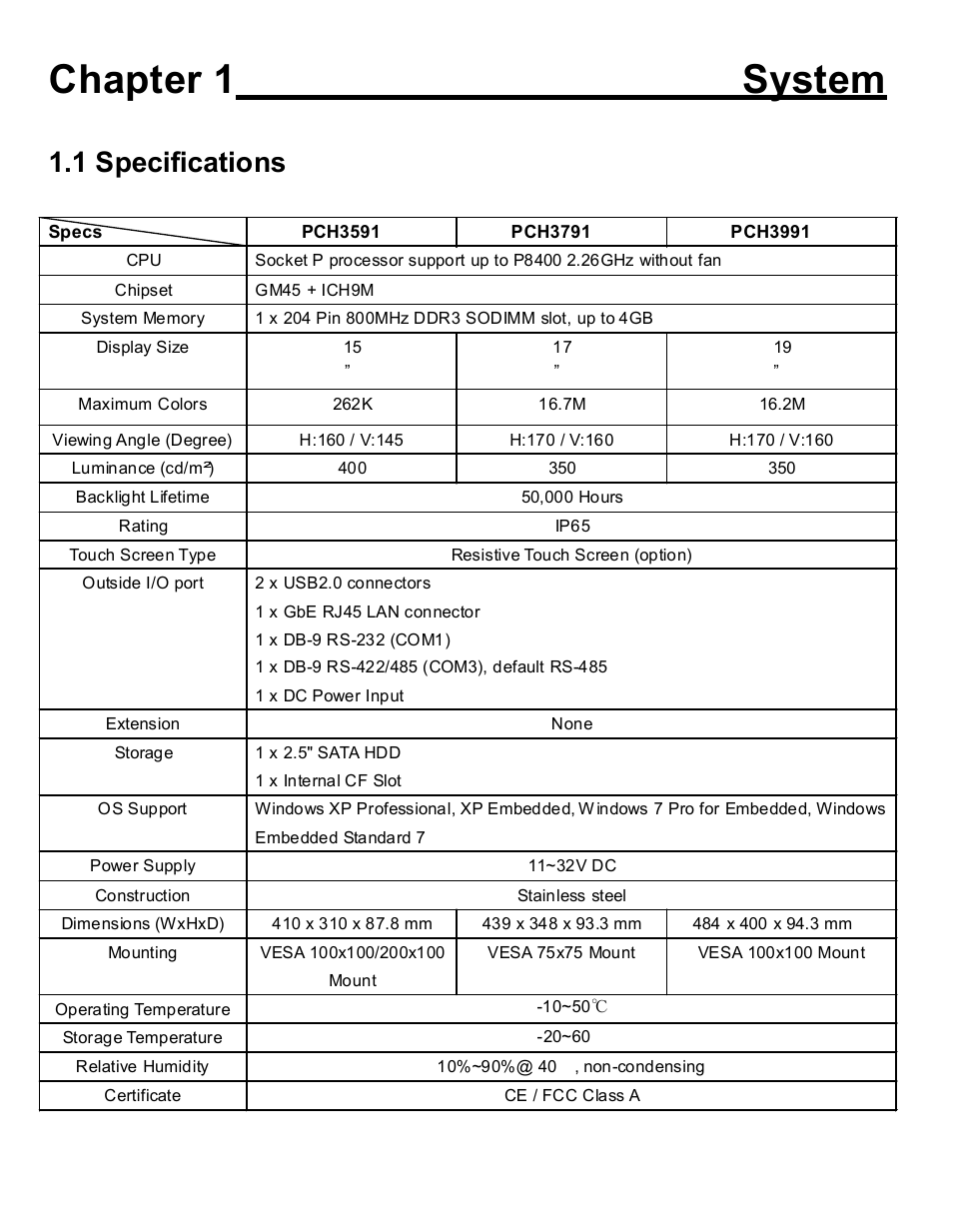 Chapter 1 system, 1 specifications | Acnodes PCH 3591 User Manual | Page 6 / 77