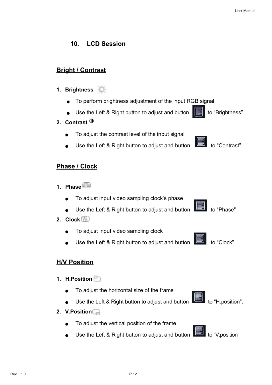 Lcd session, Bright / contrast, Phase / clock | H/v position | Acnodes KDI 8198 User Manual | Page 13 / 32