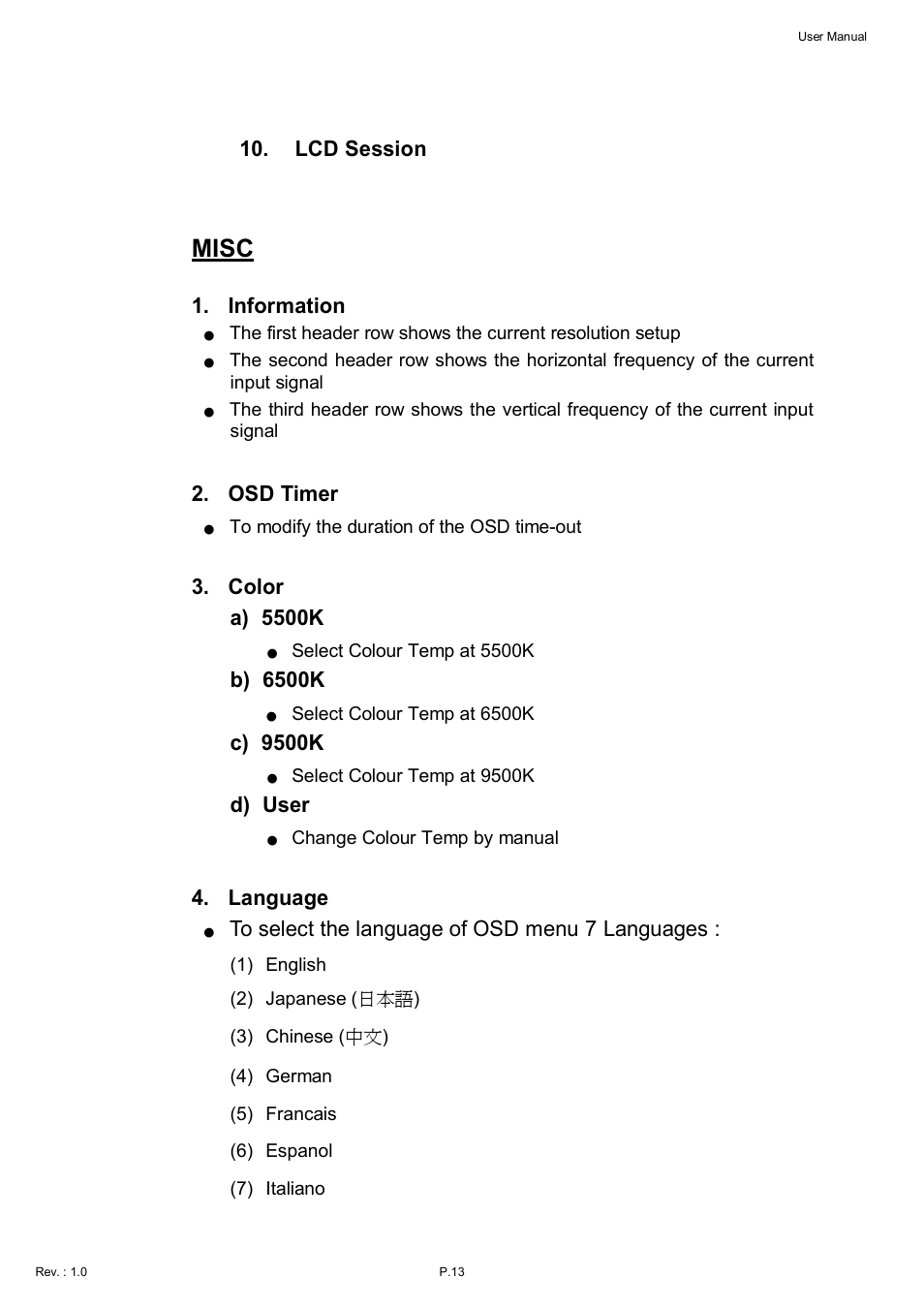 Misc, Lcd session, Information | Osd timer, Color, A) 5500k, B) 6500k, C) 9500k, D) user, Language | Acnodes KDI 8198 User Manual | Page 14 / 32