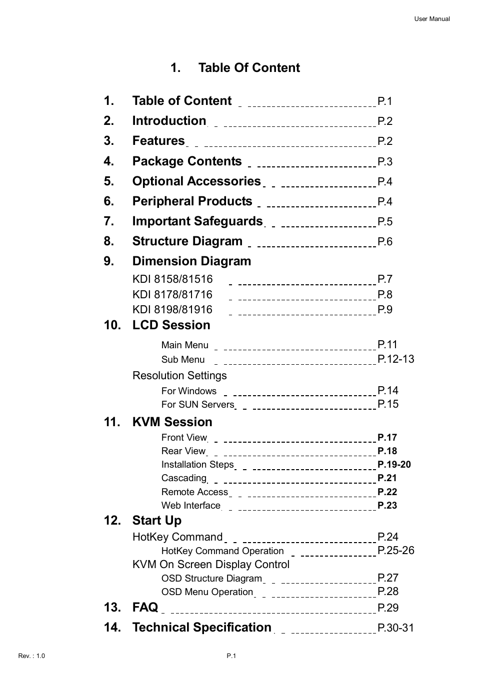 Table of content, Introduction, Features | Package contents, Optional accessories, Peripheral products, Important safeguards, Structure diagram, Dimension diagram, Lcd session | Acnodes KDI 8198 User Manual | Page 2 / 32