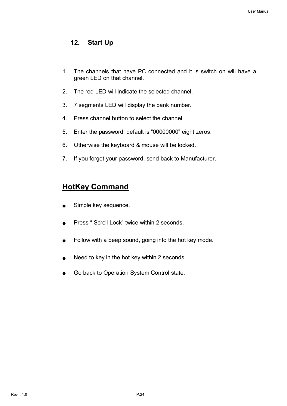Hotkey command, Start up | Acnodes KDI 8198 User Manual | Page 25 / 32