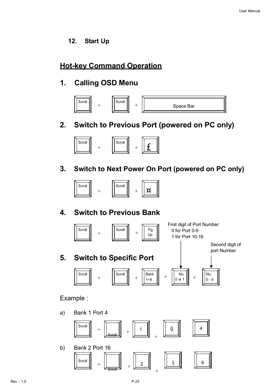 Hot-key command operation, Calling osd menu, Switch to previous port (powered on pc only) | Switch to previous bank, Switch to specific port, Switch to next power on port (powered on pc only), Start up, Example | Acnodes KDI 8198 User Manual | Page 26 / 32