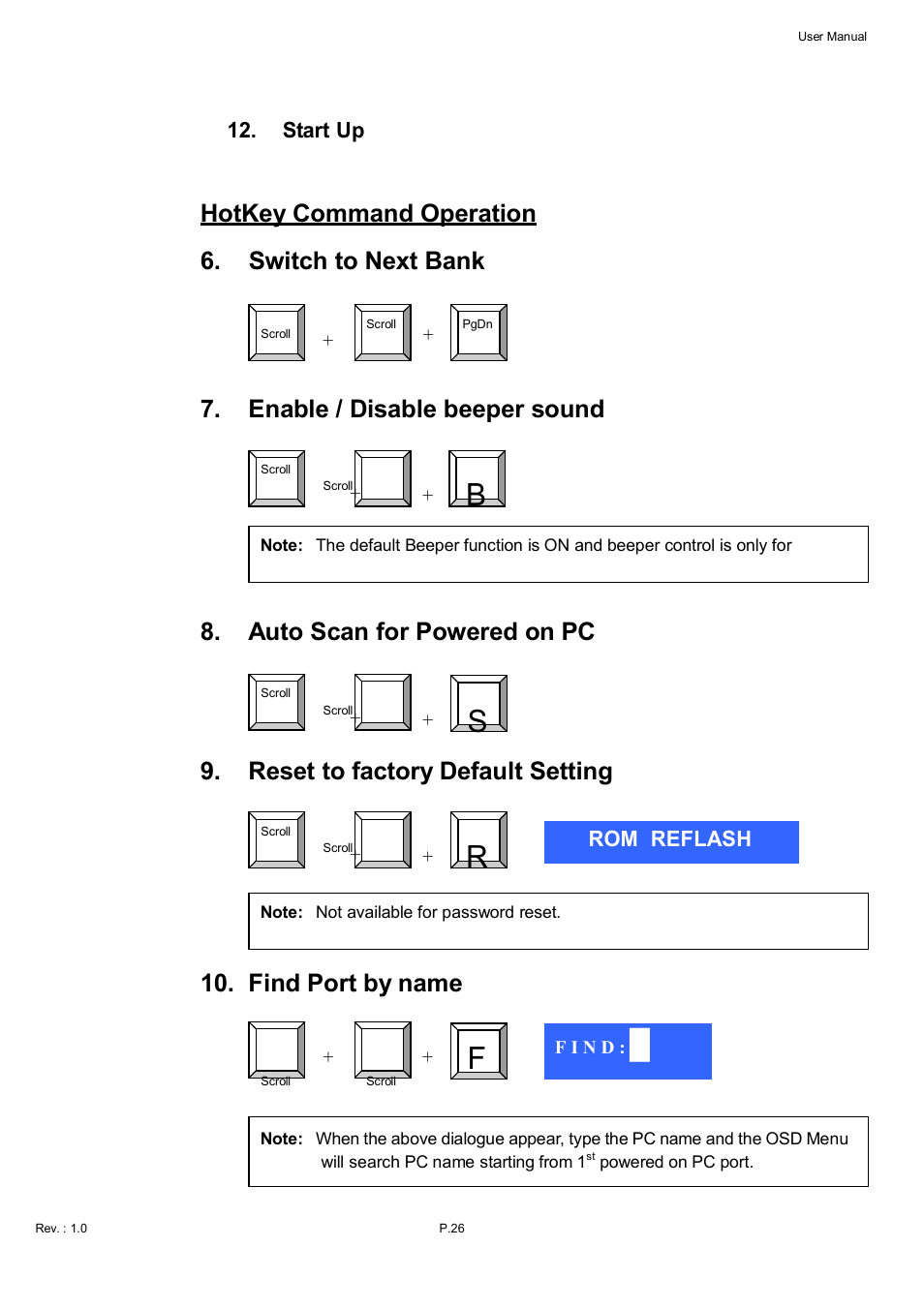 Hotkey command operation, Switch to next bank, Enable / disable beeper sound | Auto scan for powered on pc, Reset to factory default setting, Find port by name, Start up, Rom reflash | Acnodes KDI 8198 User Manual | Page 27 / 32