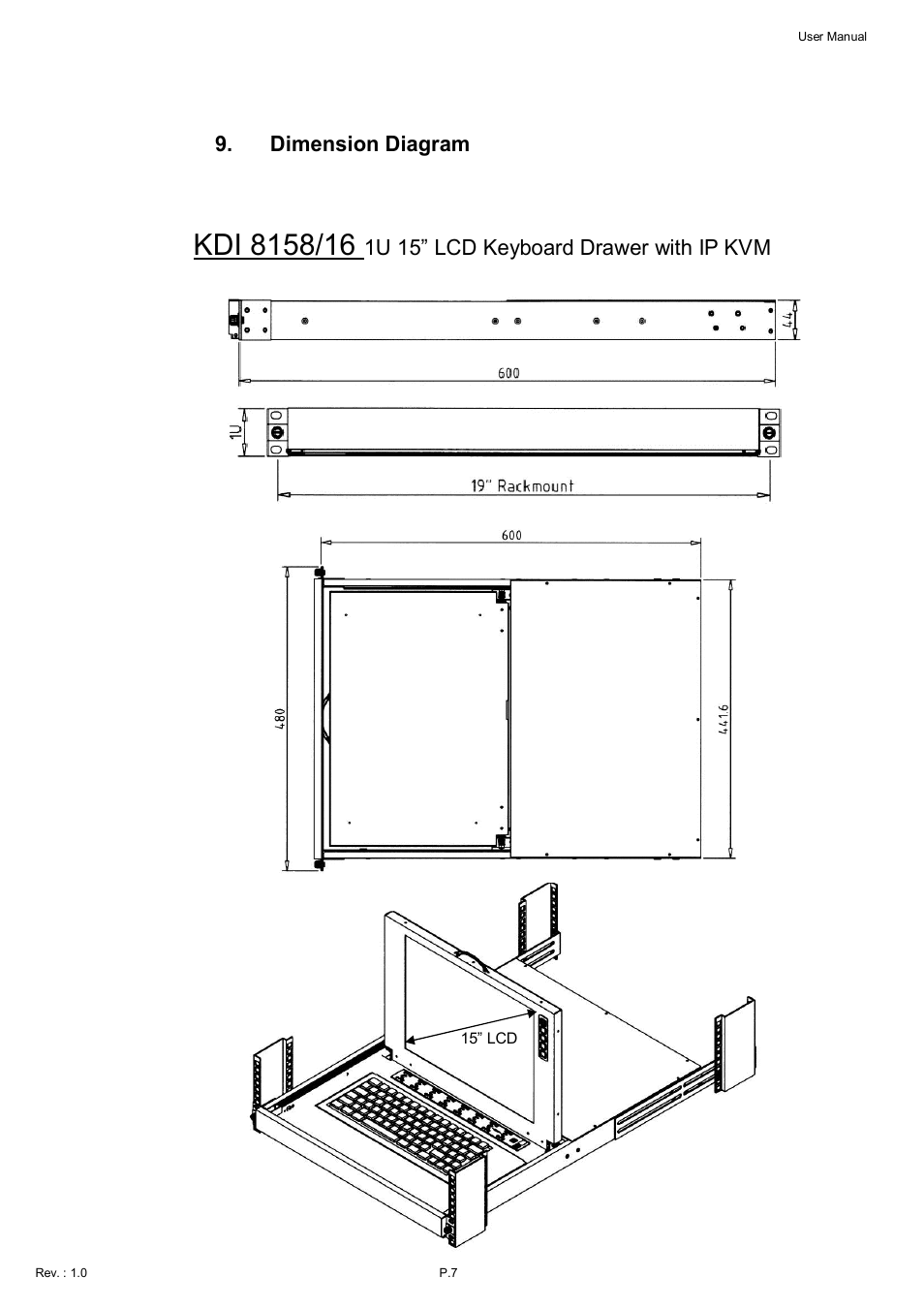 Dimension diagram, 1u 15” lcd keyboard drawer with ip kvm | Acnodes KDI 8198 User Manual | Page 8 / 32