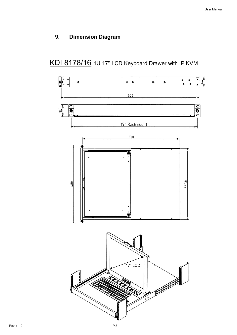 Dimension diagram, 1u 17” lcd keyboard drawer with ip kvm | Acnodes KDI 8198 User Manual | Page 9 / 32