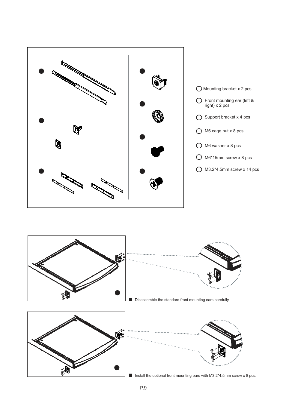 Chapter 1, Model no : nbk-01, 11 how to install "one man" installation slides | Package contents, Install the front mounting ear x 2 pcs | Acnodes KD 8191 User Manual | Page 12 / 27