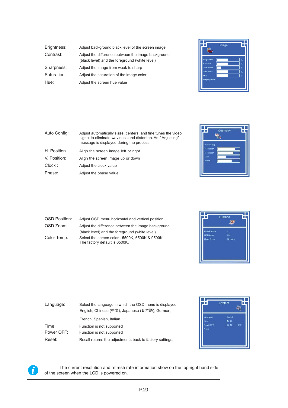 Chapter 4, 5 on-screen menu for dvi, bnc, s-video & rca input | Acnodes KD 8191 User Manual | Page 23 / 27