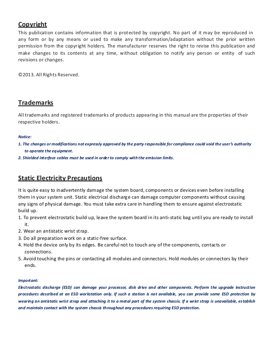 Copyright, Trademarks, Static electricity precautions | Acnodes FES 2215 User Manual | Page 2 / 37
