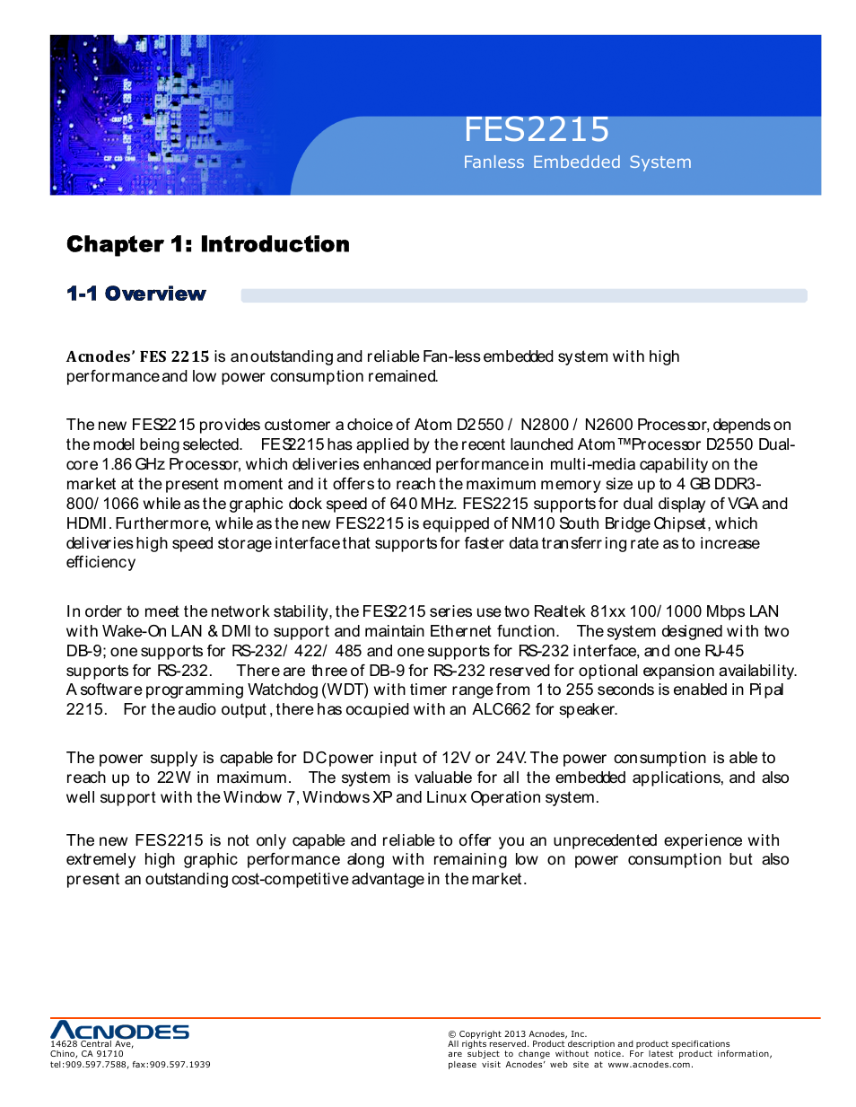 Fes221 5, Chapter 1: introduction, 1 overview | Acnodes FES 2215 User Manual | Page 5 / 37