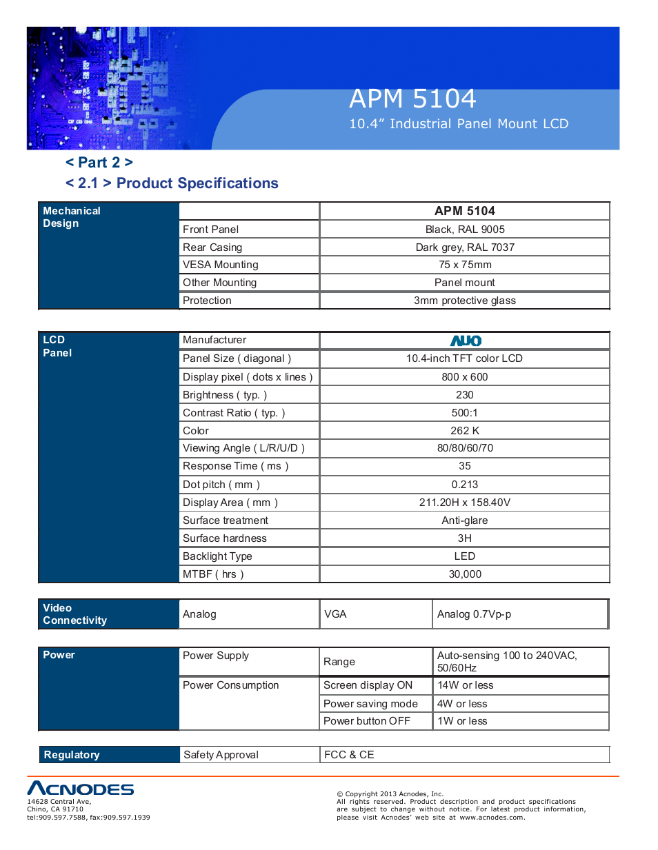 Apm 51 04, Part 2 > < 2.1 > product specifications | Acnodes APM 5104 User Manual | Page 10 / 19