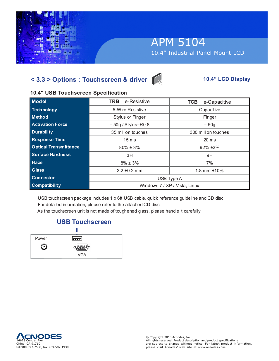 Apm 51 04, 3 > options : touchscreen & driver, Usb touchscreen | Acnodes APM 5104 User Manual | Page 15 / 19