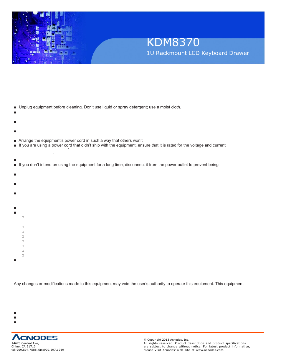 Kdm8370, 1u rackmount lcd keyboard drawer | Acnodes KDM 8370 User Manual | Page 2 / 21