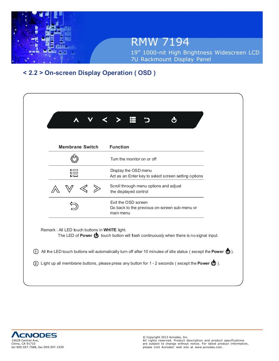 Rmw 7194, 2 > on-screen display operation ( osd ) | Acnodes RMW 7194 User Manual | Page 10 / 18