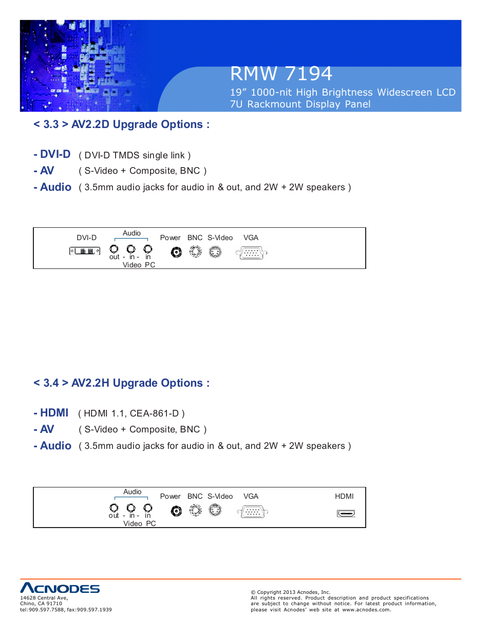 Rmw 7194, 3 > av2.2d upgrade options : - dvi-d - av - audio, 4 > av2.2h upgrade options : - hdmi | Av - audio | Acnodes RMW 7194 User Manual | Page 14 / 18