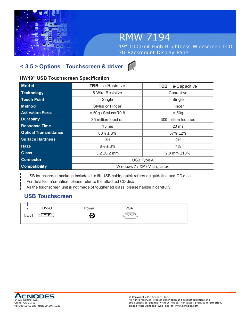 Rmw 7194, 5 > options : touchscreen & driver, Usb touchscreen | Acnodes RMW 7194 User Manual | Page 15 / 18