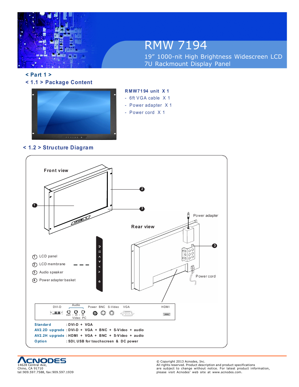 Rmw 7194, Part 1 > < 1.1 > package content, 2 > structure diagram | Acnodes RMW 7194 User Manual | Page 5 / 18