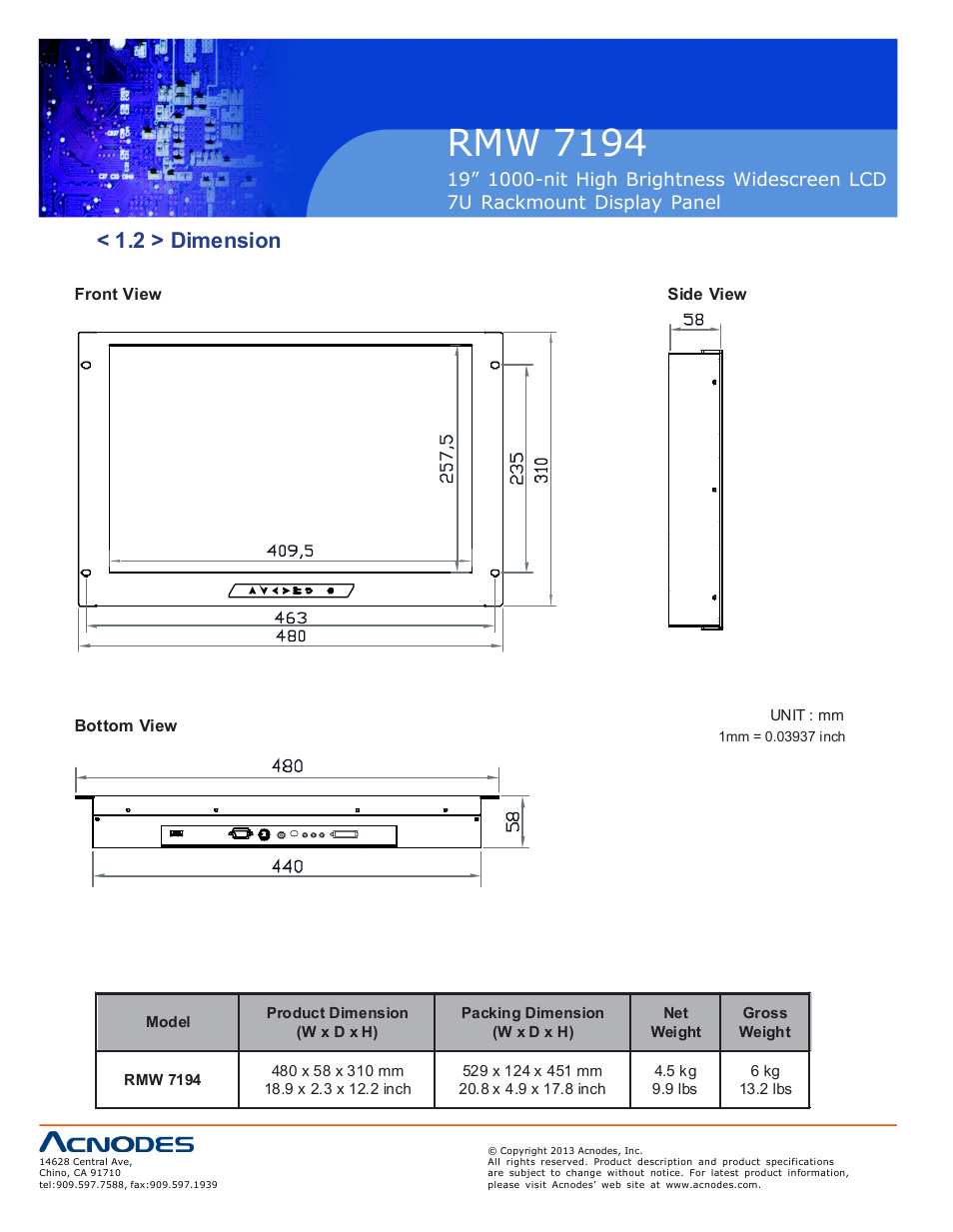 Rmw 7194, 2 > dimension | Acnodes RMW 7194 User Manual | Page 6 / 18