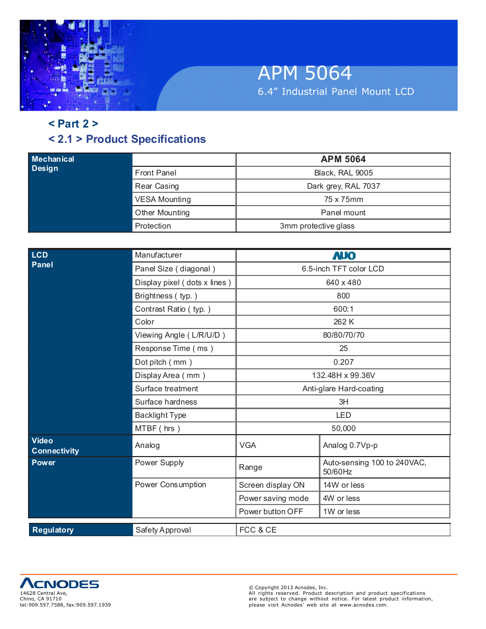Apm 50 64, Part 2 > < 2.1 > product specifications | Acnodes APM 5064 User Manual | Page 10 / 19