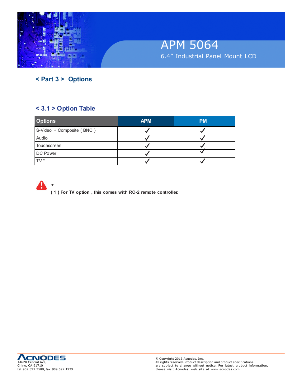 Apm 50 64, Part 3 > options < 3.1 > option table | Acnodes APM 5064 User Manual | Page 13 / 19