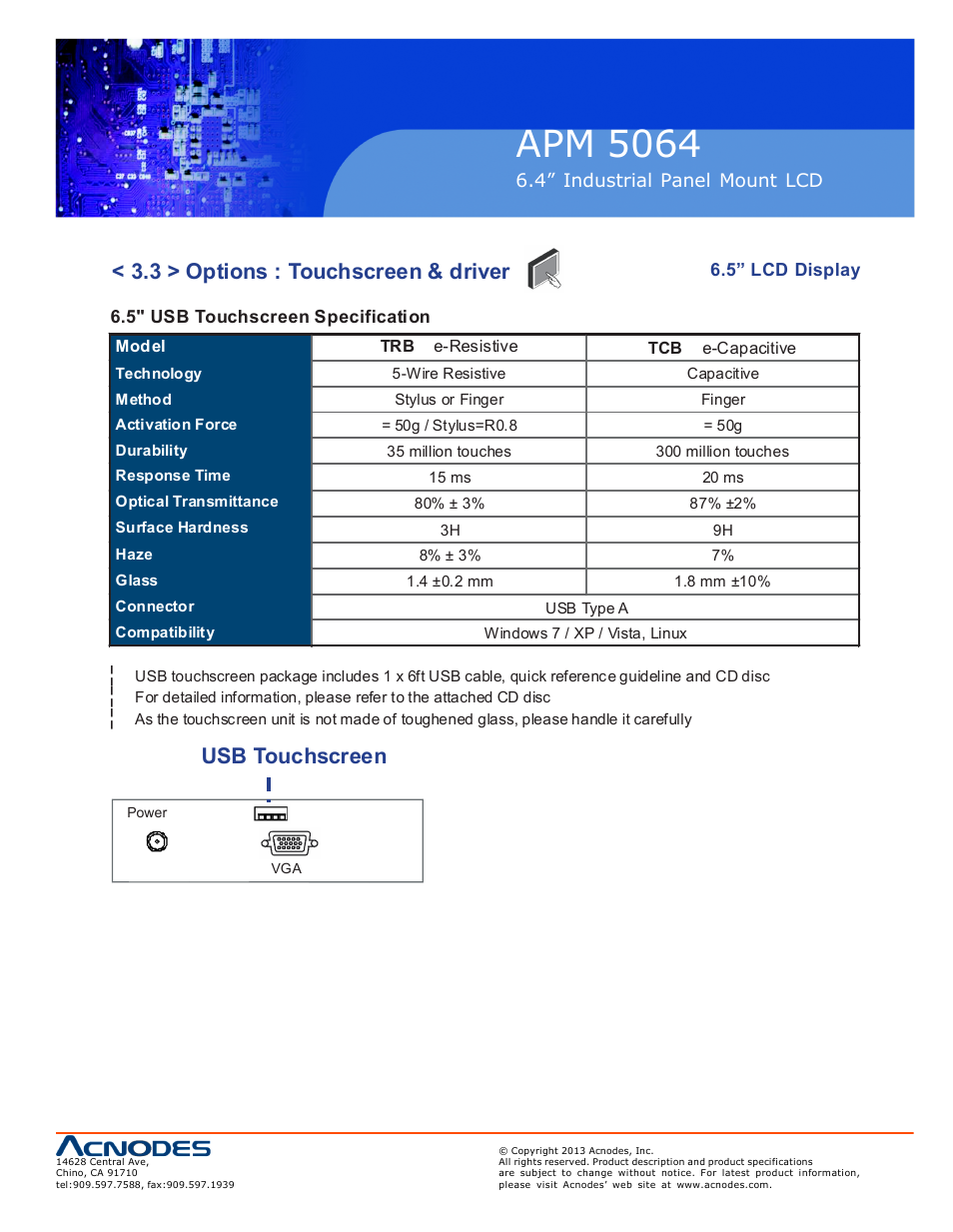 Apm 50 64, 3 > options : touchscreen & driver, Usb touchscreen | Acnodes APM 5064 User Manual | Page 15 / 19