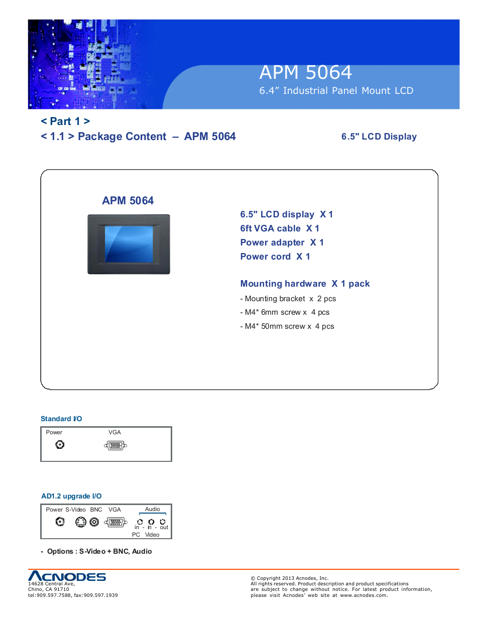 Apm 50 64, Apm 5064, 4” industrial panel mount lcd | 5" lcd display | Acnodes APM 5064 User Manual | Page 5 / 19