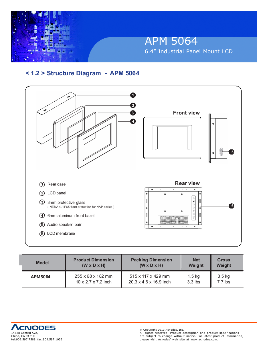Apm 50 64, Ap-6 nap-6, 4” industrial panel mount lcd | Front view, Rear view | Acnodes APM 5064 User Manual | Page 6 / 19