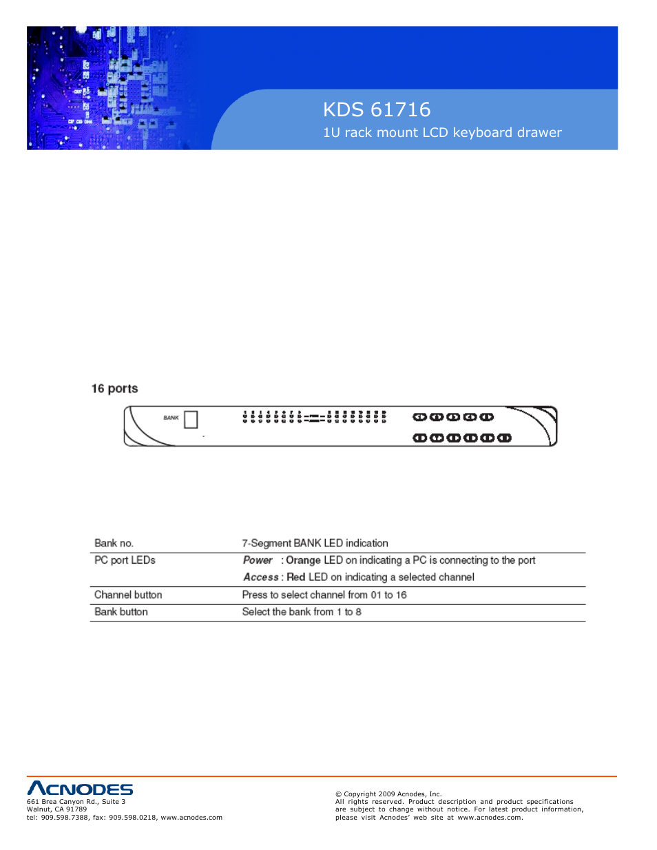 1u rack mount lcd keyboard drawer, 3 front led & indicators 16 | Acnodes KDS 61716 User Manual | Page 18 / 25