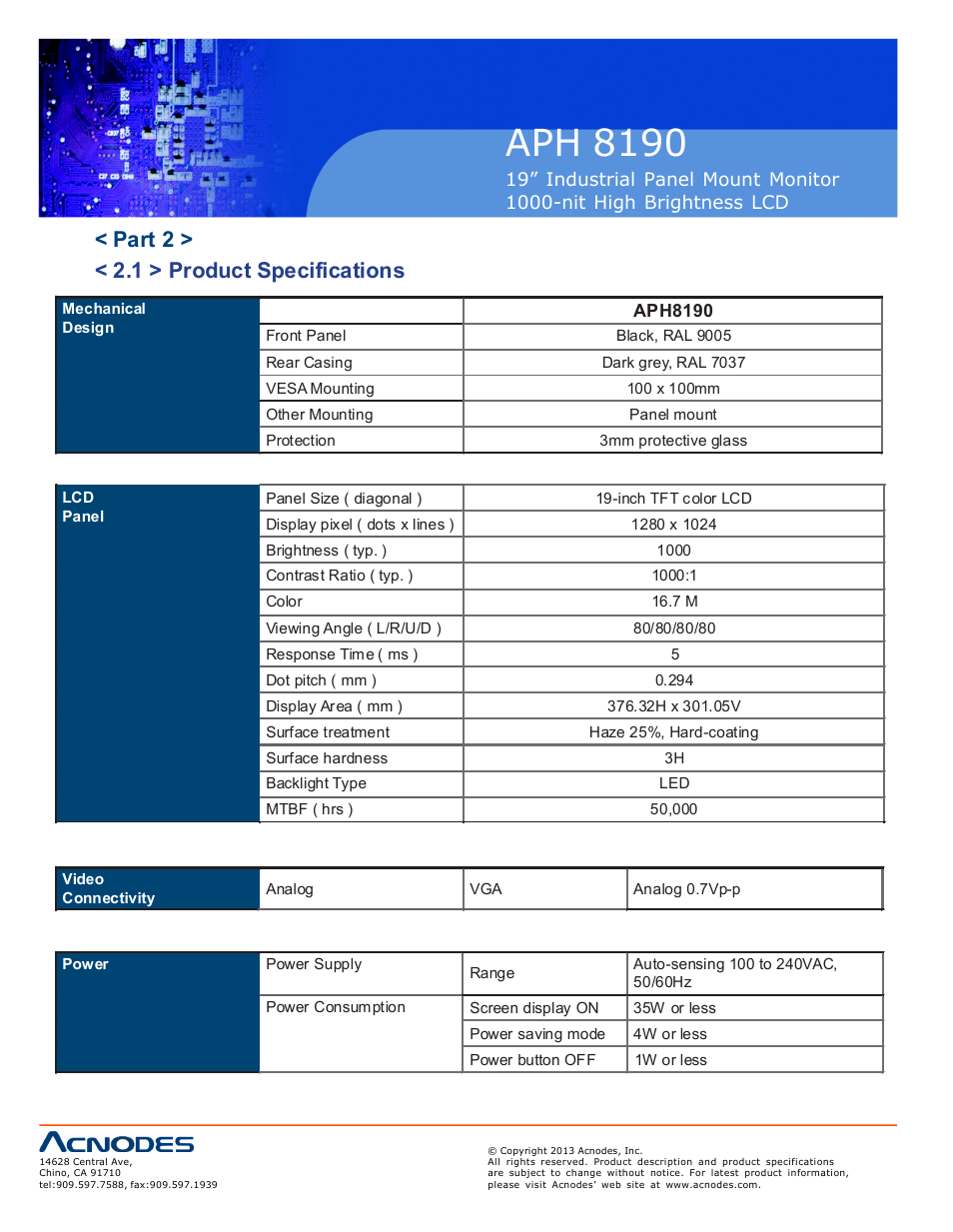 Aph 819 0, Part 2 > < 2.1 > product specifications | Acnodes APH 8190 User Manual | Page 10 / 24