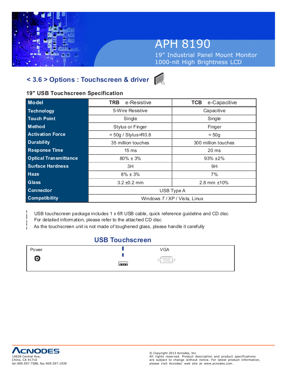 Aph 819 0, 6 > options : touchscreen & driver, Usb touchscreen | Acnodes APH 8190 User Manual | Page 18 / 24