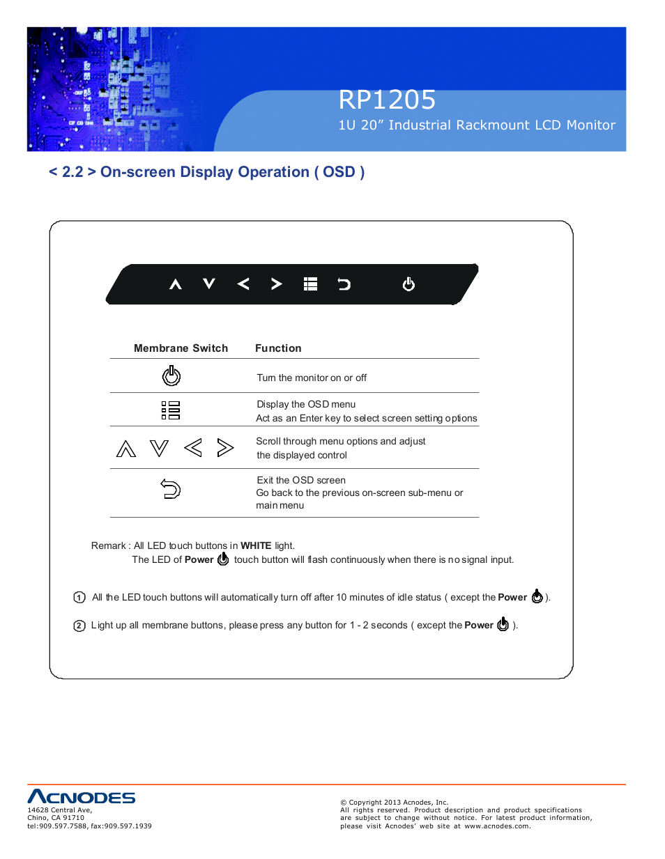 Rp1205, 2 > on-screen display operation ( osd ), 1u 20” industrial rackmount lcd monitor | Acnodes RP 1205 User Manual | Page 10 / 13