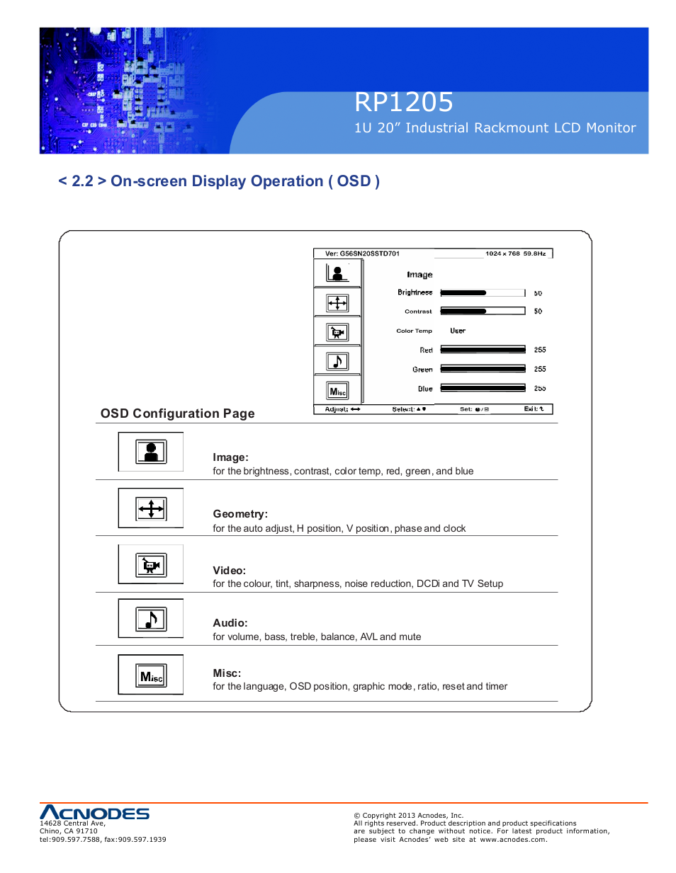 Rp1205, 2 > on-screen display operation ( osd ), 1u 20” industrial rackmount lcd monitor | Osd configuration page | Acnodes RP 1205 User Manual | Page 11 / 13