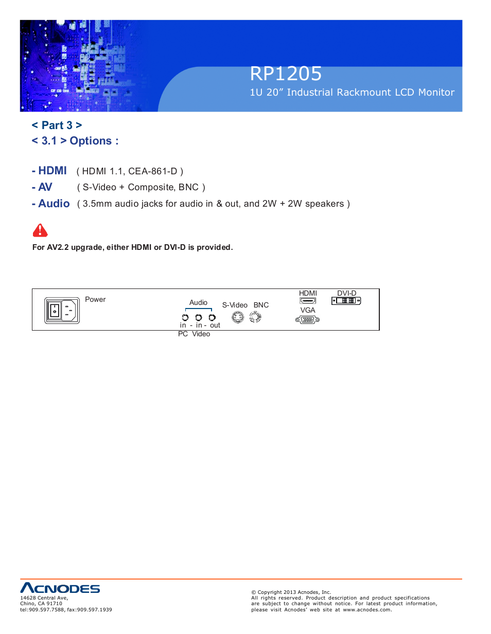 Rp1205, Part 3 > < 3.1 > options : - hdmi, Av - audio | Acnodes RP 1205 User Manual | Page 12 / 13