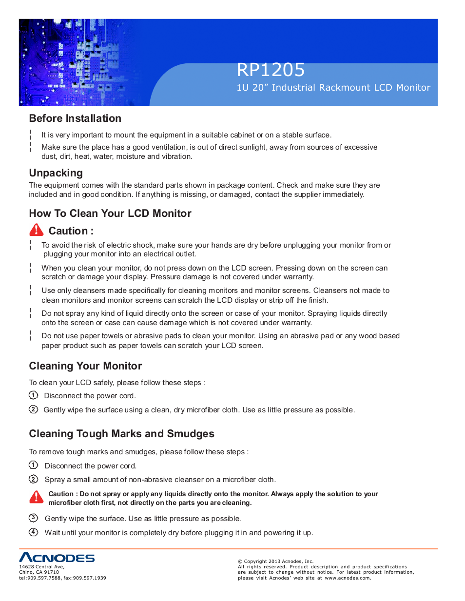 Rp1205, Before installation, Unpacking | How to clean your lcd monitor caution, Cleaning your monitor, Cleaning tough marks and smudges | Acnodes RP 1205 User Manual | Page 4 / 13