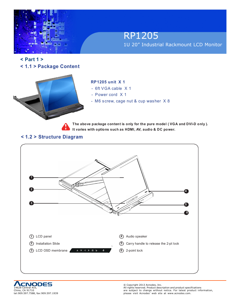Rp1205, Part 1 > < 1.1 > package content, 2 > structure diagram | 1u 20” industrial rackmount lcd monitor | Acnodes RP 1205 User Manual | Page 5 / 13