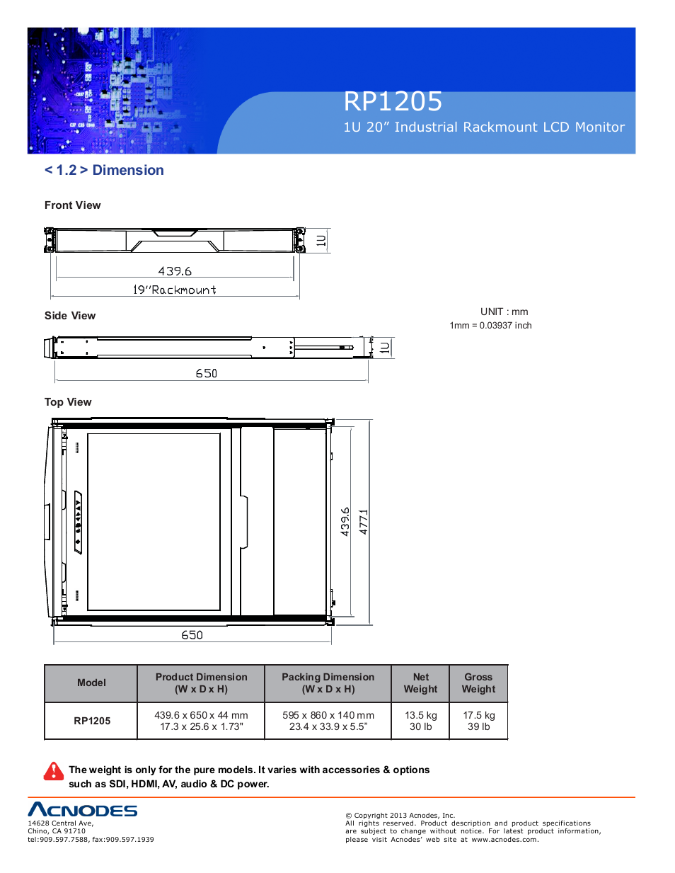 Rp1205, 2 > dimension, 1u 20” industrial rackmount lcd monitor | Acnodes RP 1205 User Manual | Page 6 / 13