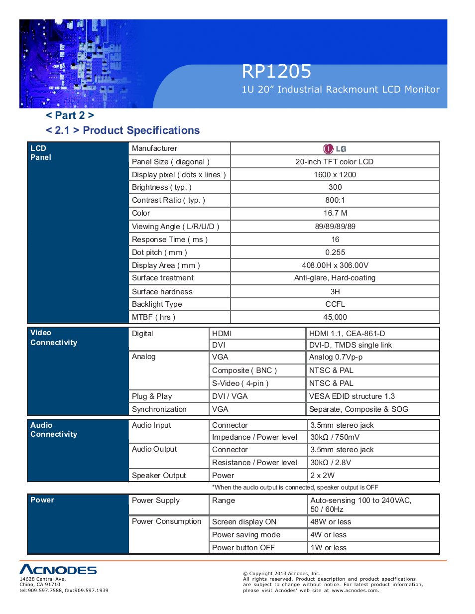 Rp1205, Part 2 > < 2.1 > product specifications | Acnodes RP 1205 User Manual | Page 8 / 13