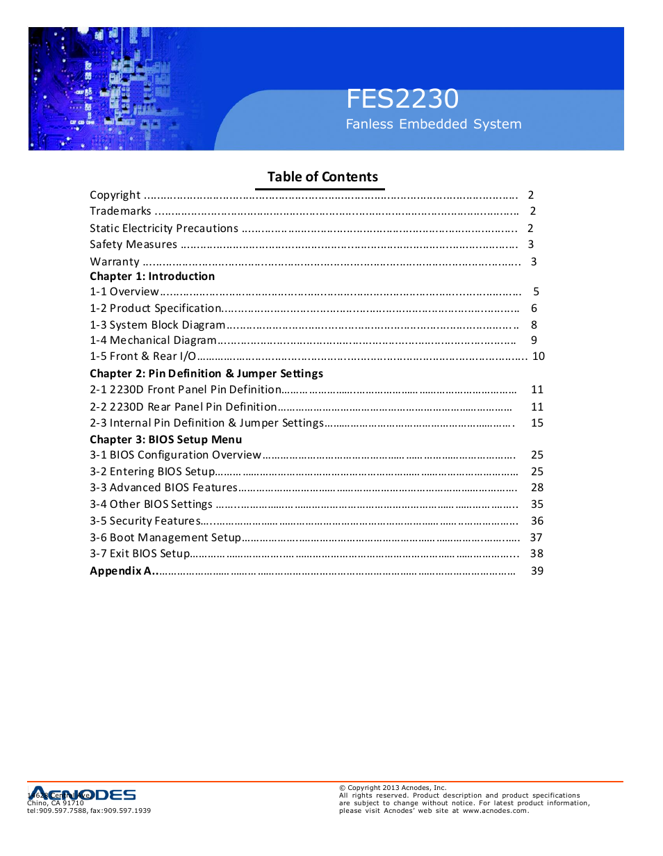 Fes2230, Table of con tents | Acnodes FES 2230 User Manual | Page 4 / 44