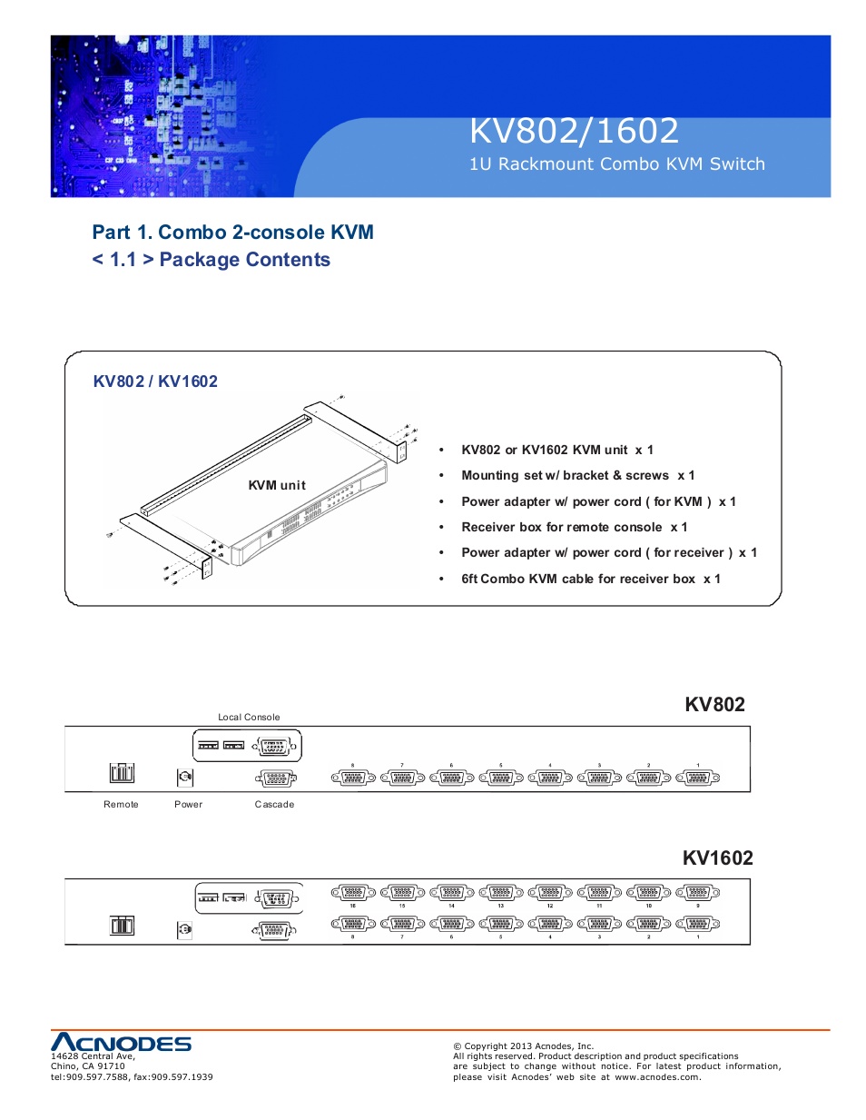 Kv802, Kv1602, 1u rackmount c ombo kvm switch | Acnodes KV 802 User Manual | Page 5 / 14