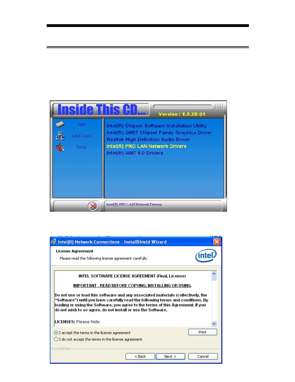 Lan driver s installa tion, Clic k i nt el(r) pro l an n etwork d ri ver | Acnodes FES 2953 User Manual | Page 20 / 47