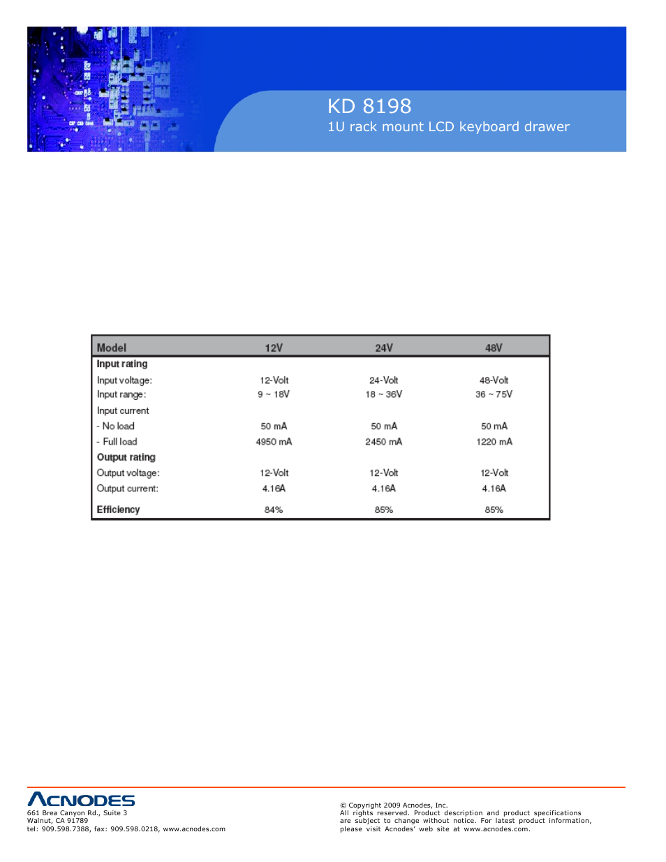Kd 8198, 1u rack mount lcd keyboard drawer | Acnodes KD 8198 User Manual | Page 22 / 22