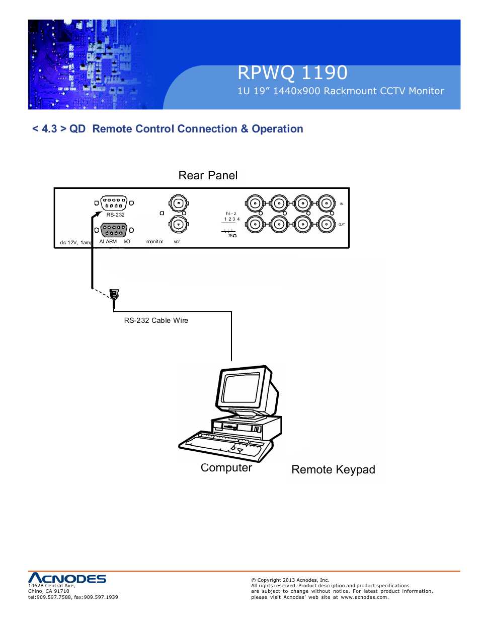 Rpwq 1190, Rear panel, Computer remote keypad | 3 > qd remote control connection & operation | Acnodes RPWQ 1190 User Manual | Page 15 / 24