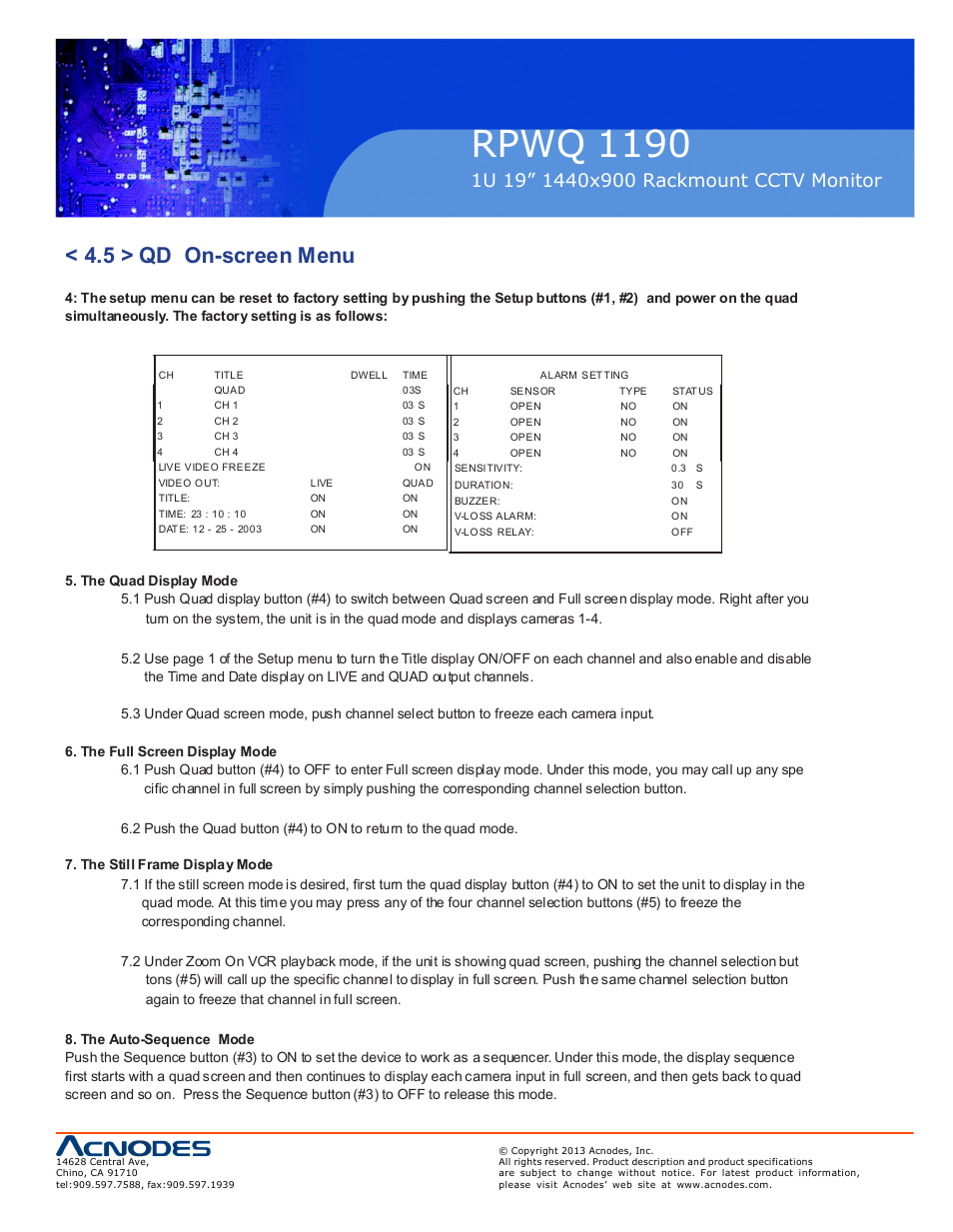 Rpwq 1190, 5 > qd on-screen menu | Acnodes RPWQ 1190 User Manual | Page 23 / 24