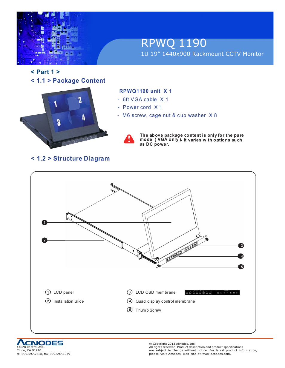 Rpwq 1190, Part 1 > < 1.1 > package content, 2 > structure diagram | Acnodes RPWQ 1190 User Manual | Page 5 / 24