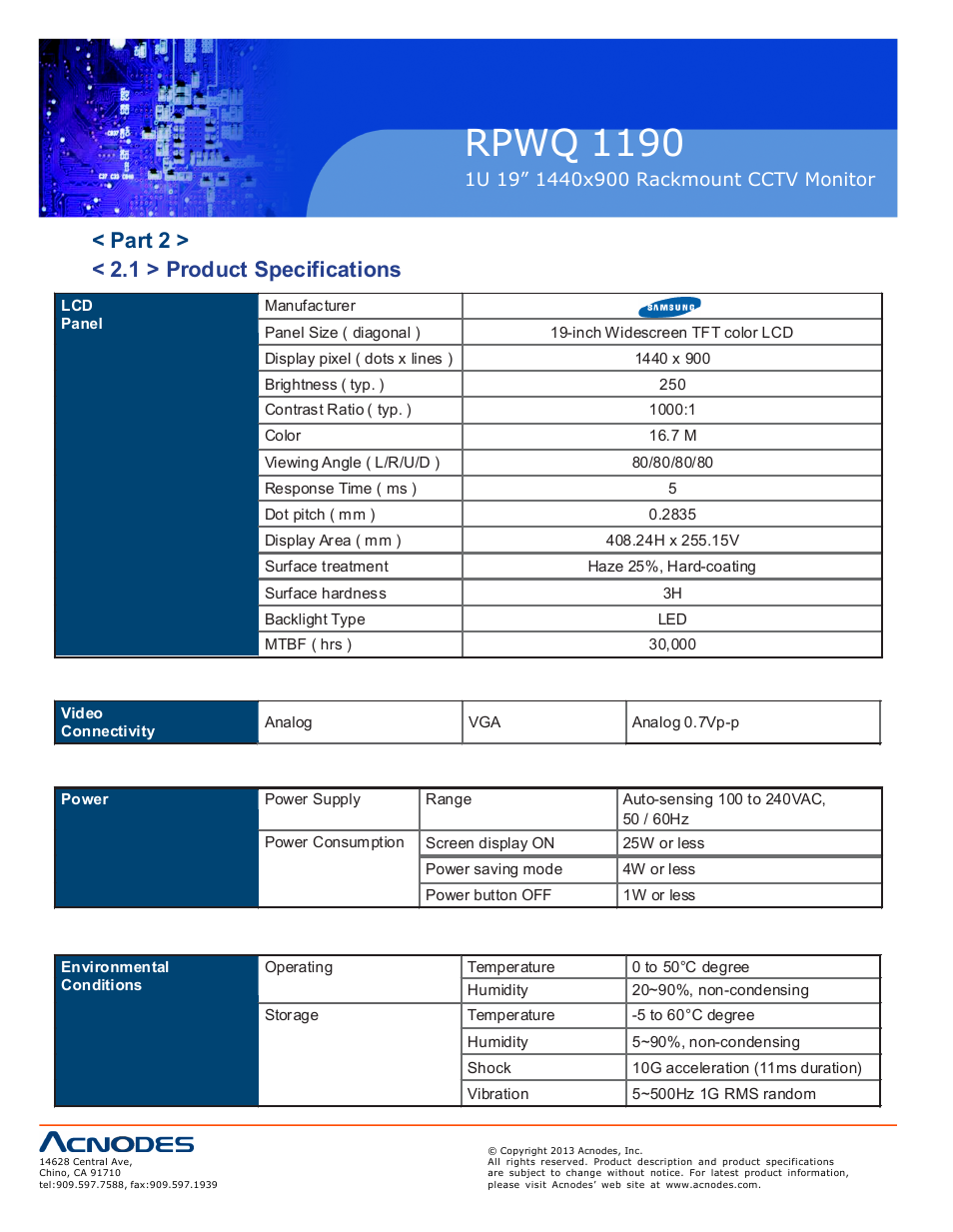 Rpwq 1190, Part 2 > < 2.1 > product specifications | Acnodes RPWQ 1190 User Manual | Page 8 / 24